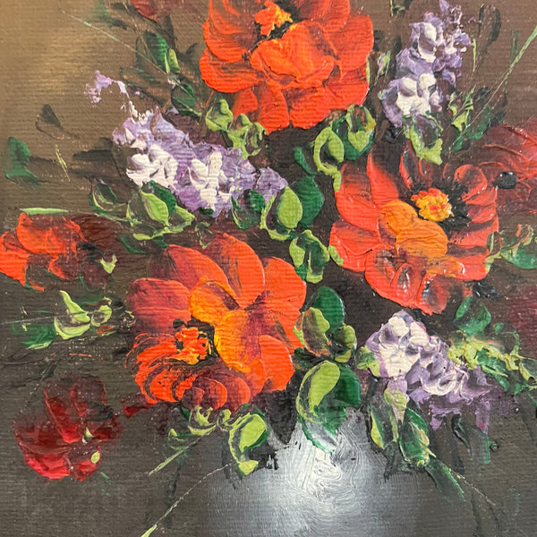 Original European Vintage Oil on Panel Painting - Red Ranunculus