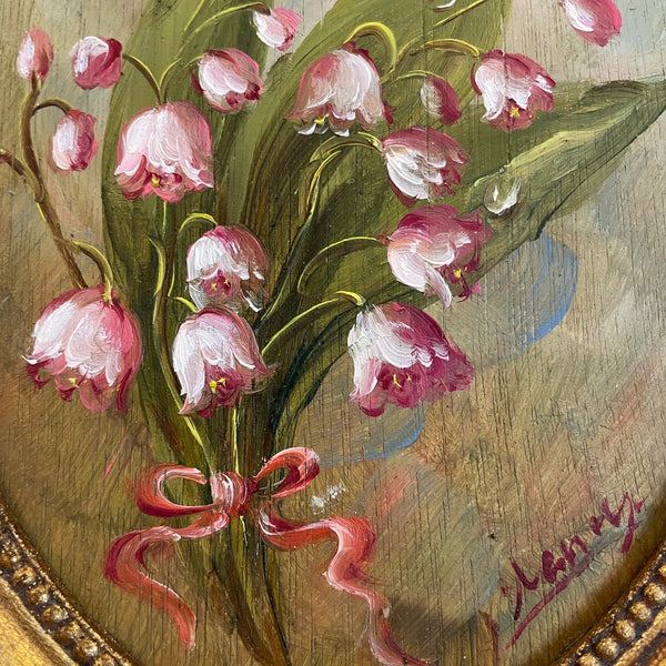 Original European Vintage Oil on Panel Painting - Lily of the Valley (Pink)