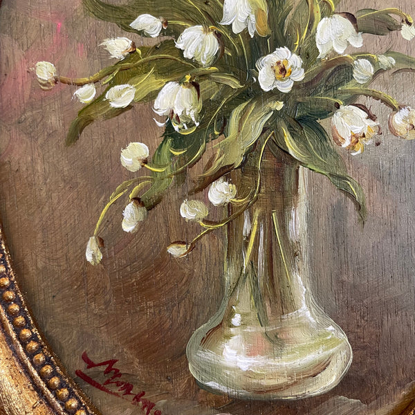 Original European Vintage Oil on Panel Painting - Lily of the Valley (White)