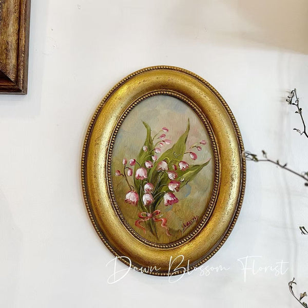 Original European Vintage Oil on Panel Painting - Lily of the Valley (Pink)