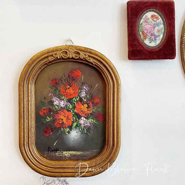 Original European Vintage Oil on Panel Painting - Red Ranunculus
